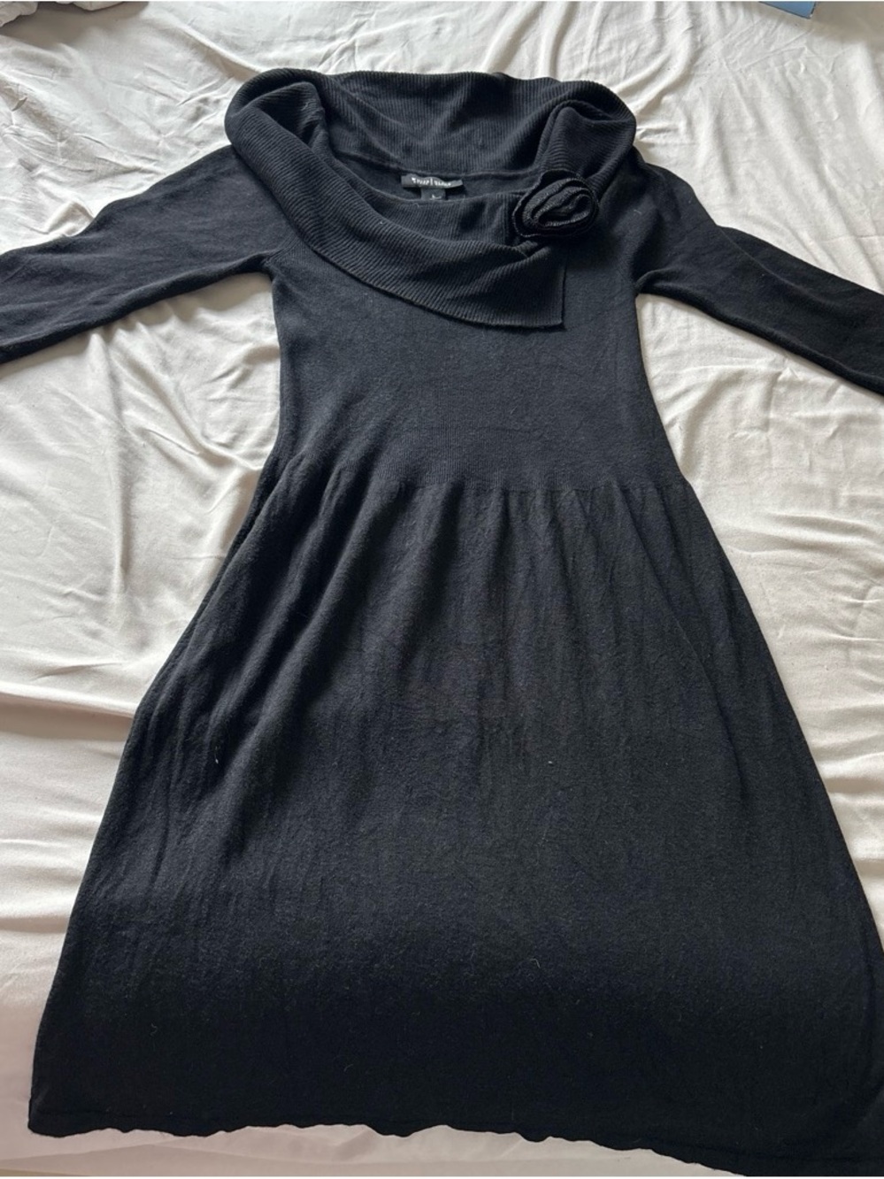 White House Black Market Black Long-Sleeve Cowl Neck Dress with Rosette